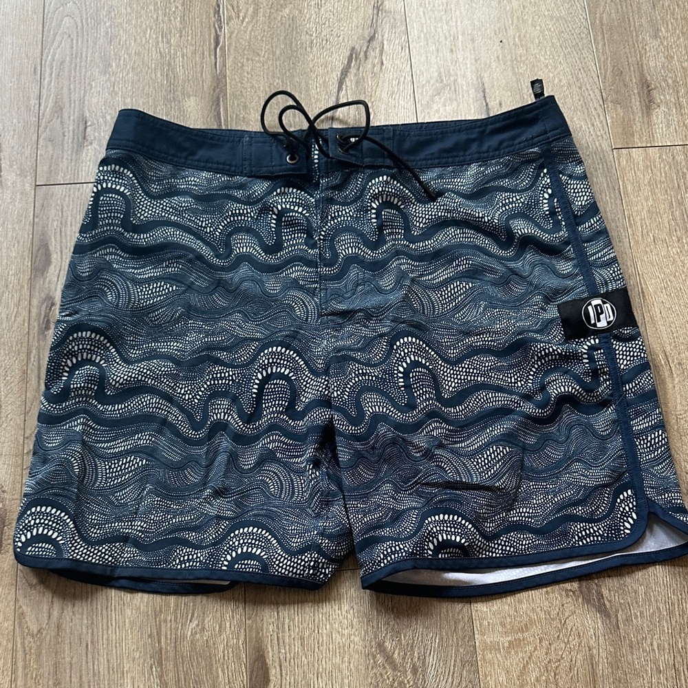 Wave Patterned Navy Swim Board Shorts